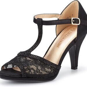 Women's Open Toe Stiletto Heels Kitten Heel Sandals with Rhinestones Black 8.5